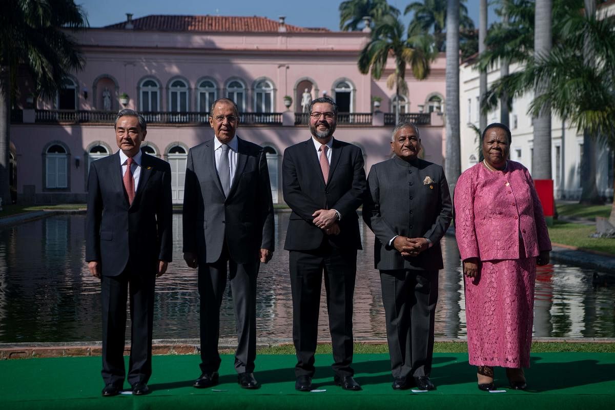 (L to R) China's Foreign Minister Wang Yi, Russia's Foreign Minister Sergey Lavrov, Brazil's Foreign Minister Ernesto Araujo, India's Minister of Road Transport Vijay Kumar Singh and South Africa's Minister of International Relations and Cooperation Grace