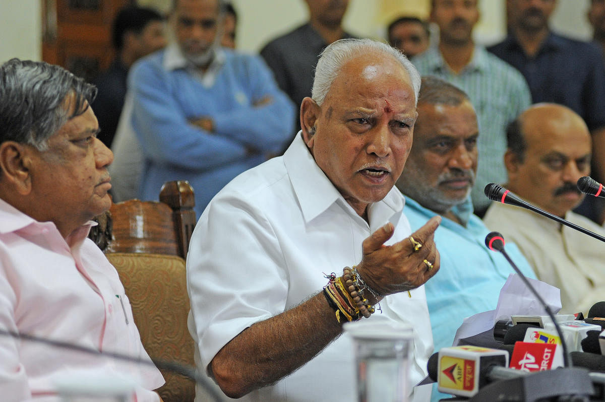 Chief Minister B S Yediyurappa holds a press conference soon after he was sworn in as the new chief minister of Karnataka at Vidhana Sounda in Bengaluru on Friday. DH Photo/Pushkar V