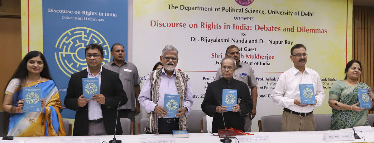New Delhi: Former president Pranab Mukherjee releases a book 'Discourse on Right in India: Debates and Dilemmas', in New Delhi, Saturday, July 27, 2019. (PTI Photo) (PTI7_27_2019_000183B)