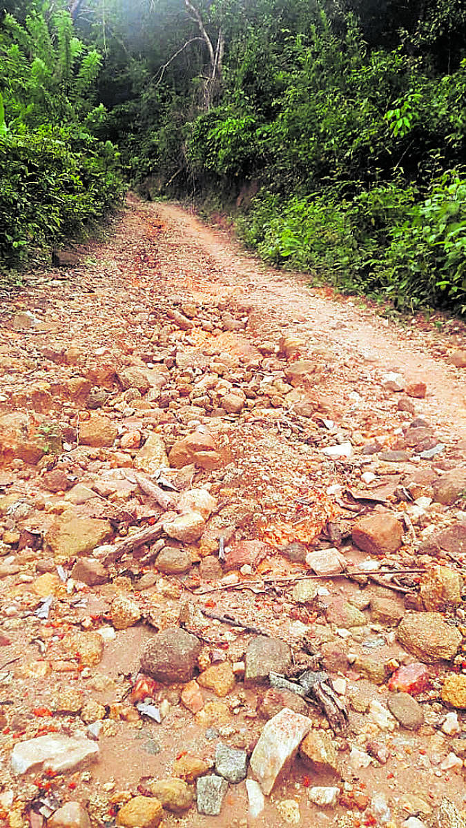 The road leading to Hendelu in Belthangady taluk is in pathetic condition.