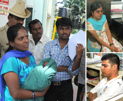 A police woman holds the baby that was rescued by the  police from Dr Parvin (top right) Director, Getwell Hospital in Neelasandra, Bangalore on Thursday. Dr Parvin, and her son Harsha (below), who were caught red-handed while selling the baby for money, are in police custody.  DH Photo / Kishor Kumar Bolar