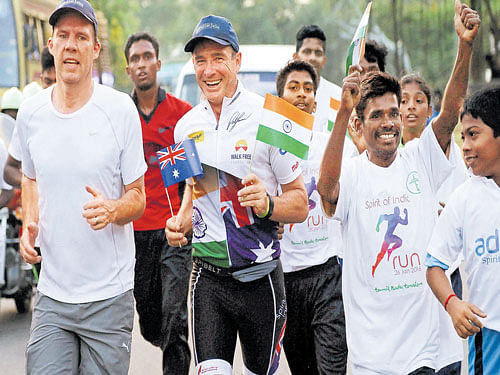 Former Australian parliamentarian and ultra-long distance runner Pat Farmer during his 4,600-km 'Spirit of India Run' from Kanyakumari to Kashmir. The 53-year-old, on a mission to raise funds for girls' education, plans to complete the run in over 60 days, covering an average of 76 km a day across some 10 states. PTI