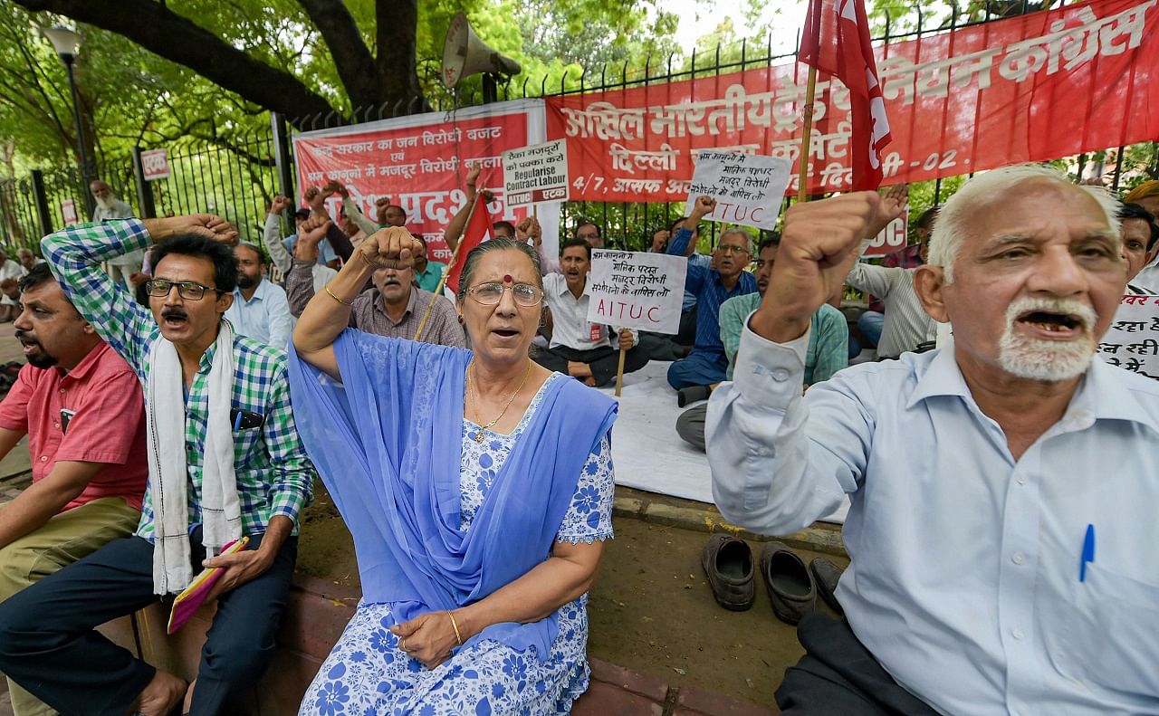 AITUC General Secretary Amarjeet Kaur shouts slogans along with others during a protest against Union Budget and the change in existing labour laws, at Jantar Mantar in New Delhi earlier this month (PTI File Photo)