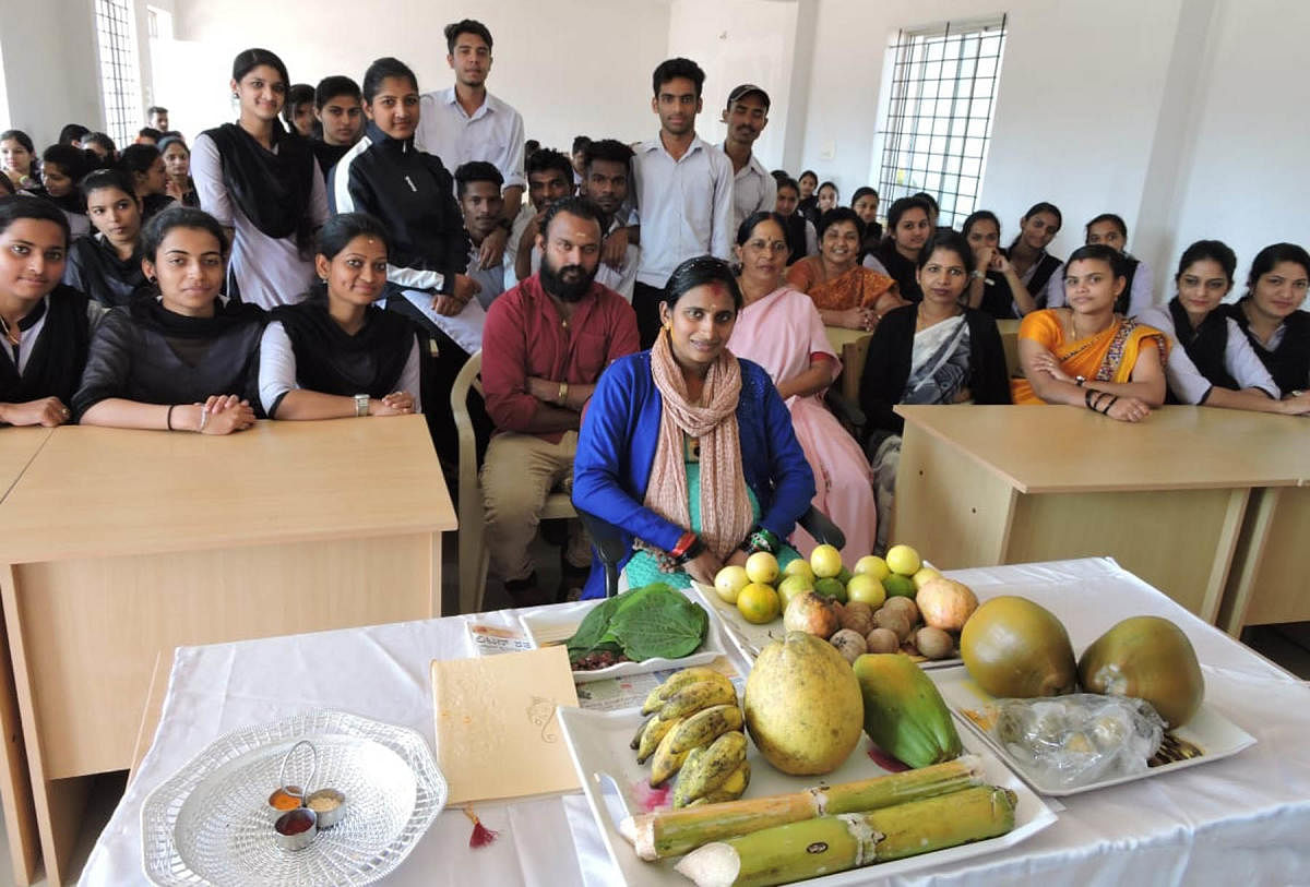 Shalini, an MCom student of Kaveri College in Gonikoppa, at her baby shower programme at the college on Thursday.