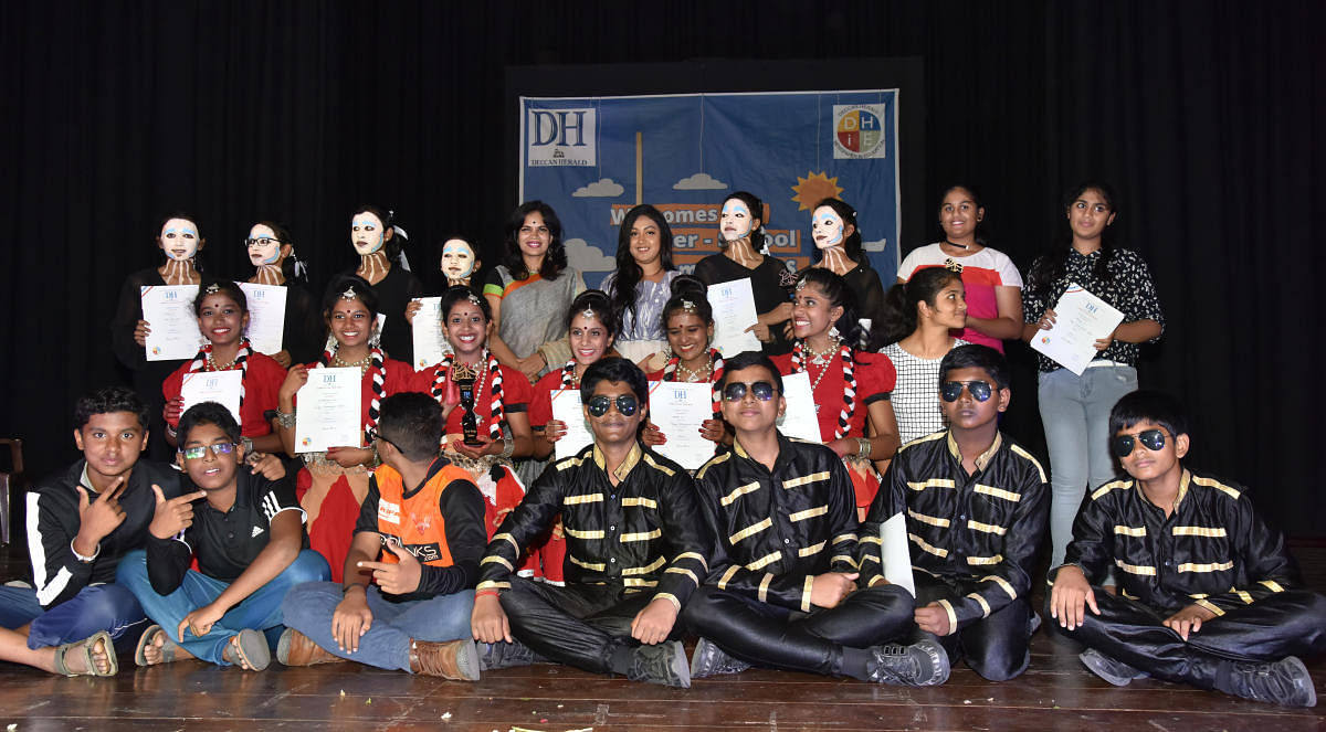 The winners and the first and second runners-up of the senior (left) and junior categories at the inter-school dance competition organised by Deccan Herald in Education on Tuesday. DH PHOTOS/B K JANARDHAN