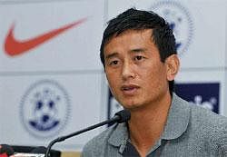 Football player Bhaichung Bhutia announcing his retirement from the international football during an event in New Delhi on Wednesday. PTI Photo
