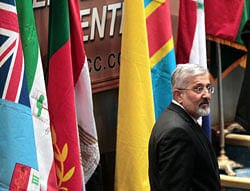 Iran's envoy to the International Atomic Energy Agency (IAEA), Ali Asghar Soltanieh attends the opening session of the expert-level meeting of XVI summit of the Non-Alligned Movement (NAM) in Tehran on August 26, 2012. Salehi said that upcoming Tehran summit of Non-Aligned Movement states should take a stand against western sanctions, adding that many NAM members backed Iran's nuclear programme. AFP PHOTO/