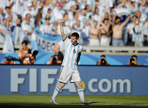 Argentina's Lionel Messi celebrates after scoring against Iran during their 2014 World Cup Group F soccer match at the Mineirao stadium in Belo Horizonte June 21, 2014. Reuters photo