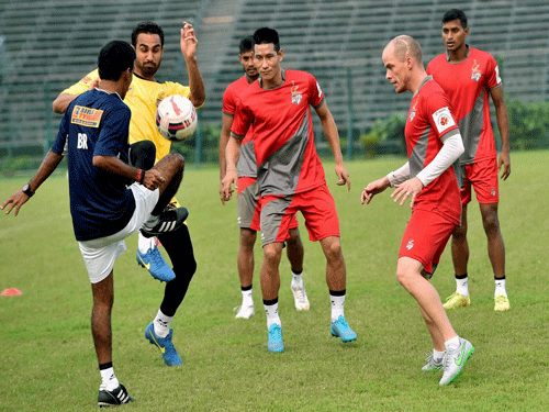 Atletico de Kolkata footballers during their training session in Kolkata. PTI File Photo.