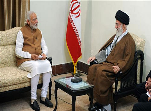 Prime Minister Narendra Modi with Iranian leader Ayatollah Ali Khamenei during their meeting in Tehran on Monday. Picture courtesy Twitter