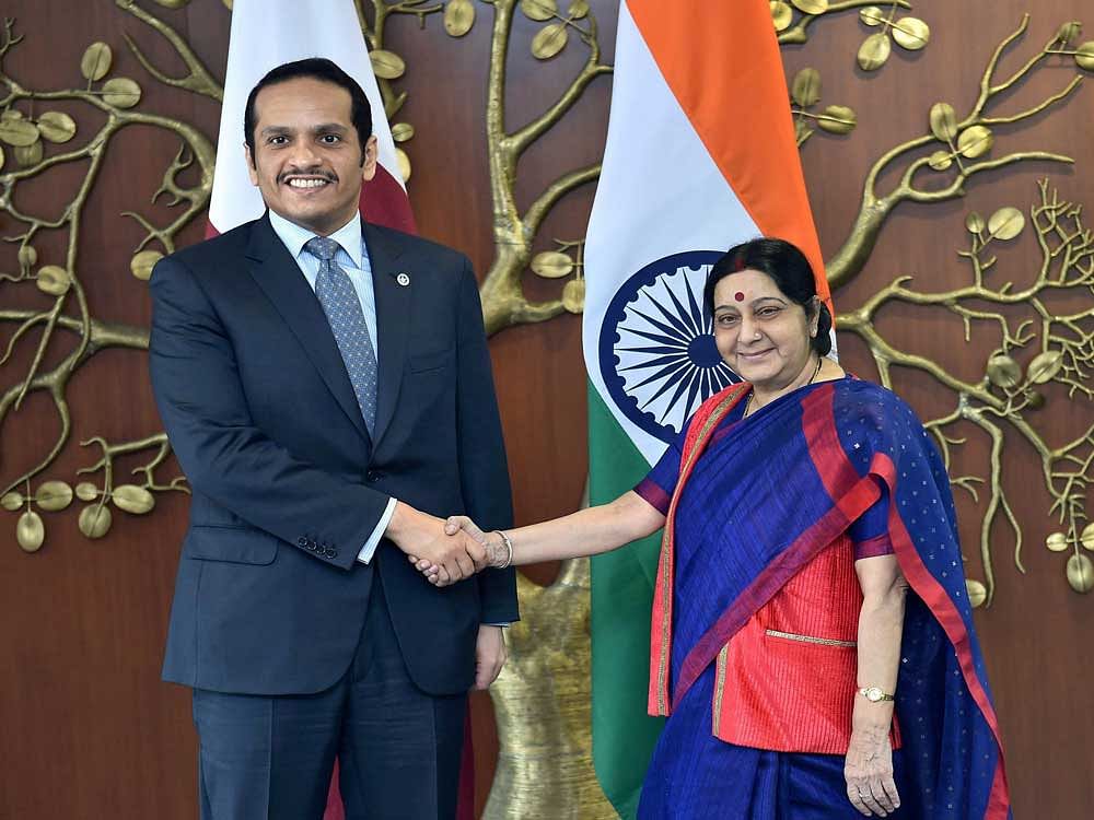 External Affairs Minister Sushma Swaraj greets Minister of Foreign Affairs of the State of Qatar Sheikh Mohammed Bin Abdul Rahman Al-Thani, before a meeting in New Delhi on Saturday. PTI photo