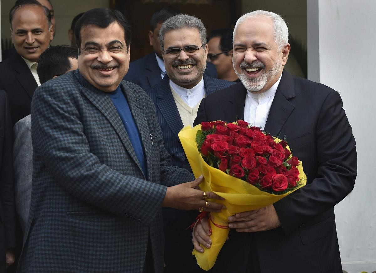 Union minister Nitin Gadkari welcomes Iranian Foreign Affairs Minister Mohammad Javad Zarif at his residence, in New Delhi, Tuesday, Jan. 8, 2019. (PTI Photo)