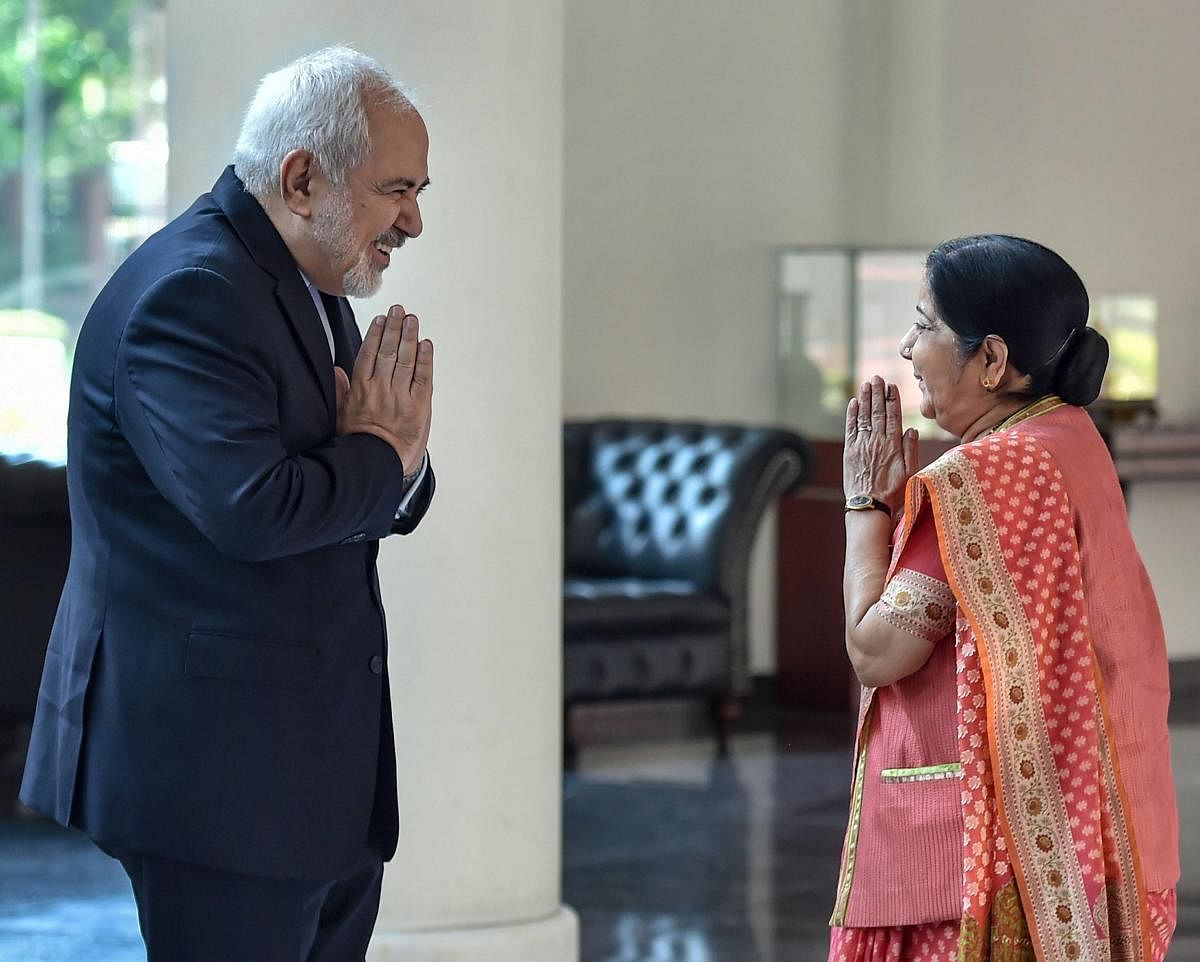 External Affairs Minister Sushma Swaraj greets Iranian Foreign Minister Mohammad Javad Zarif as he arrives for a meeting, in New Delhi, Tuesday, May 14, 2019. (PTI Photo)