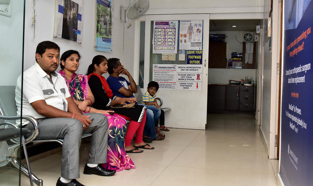 The outpatient department at the Shekhar Hospital, Basavanagudi, functioned as usual on Saturday. dh photo