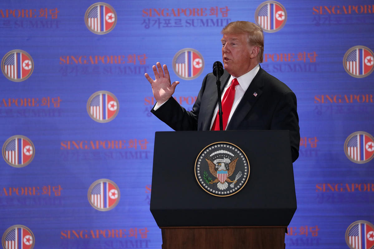 U.S. President Donald Trump speaks during a news conference after his meeting with North Korean leader Kim Jong Un at the Capella Hotel on Sentosa island in Singapore. Reuters photo.