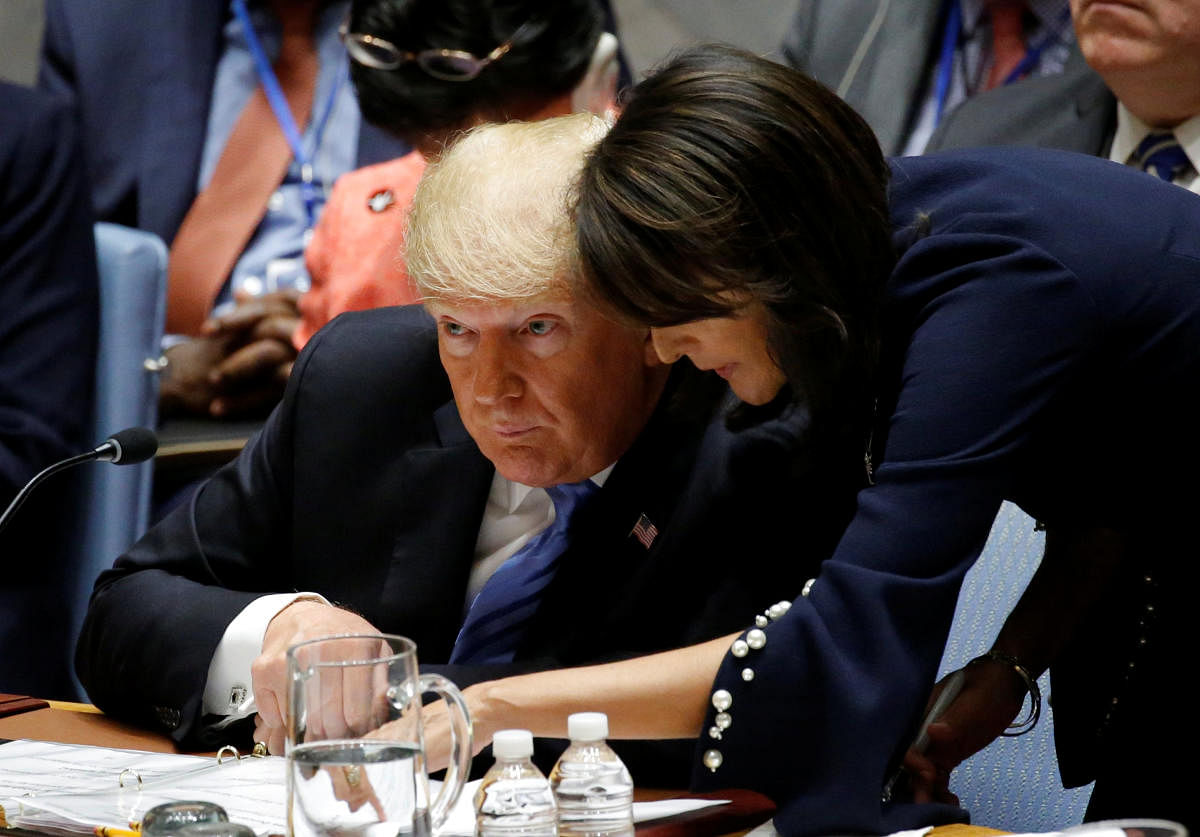 US President Donald Trump and US Ambassador to the United Nations Nikki Haley during a meeting of the United Nations Security Council at UN headquarters in New York on September 26, 2018. Reuters