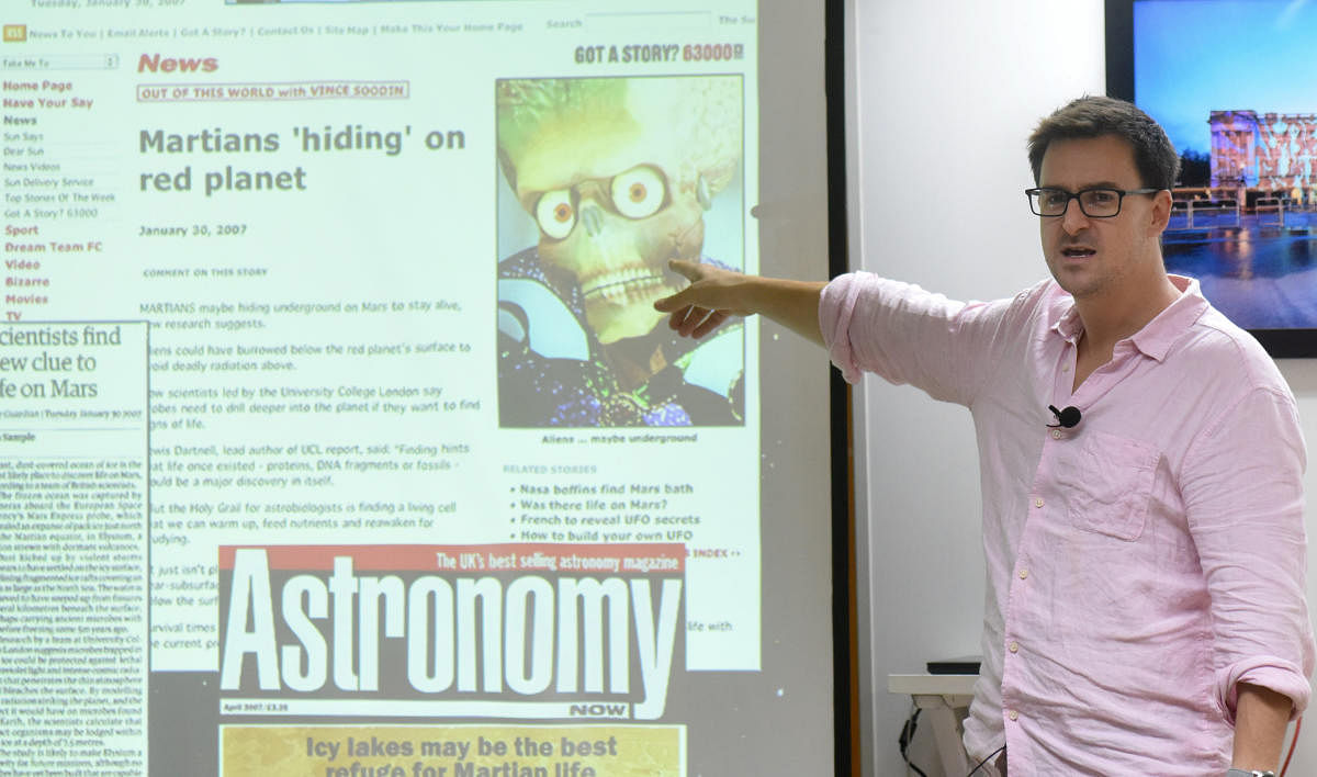 British astrobiologist Dr Lewis Dartnell talks about space exploration in Bengaluru on July 31. DH PHOTO/ANUP R THIPPESWAMY