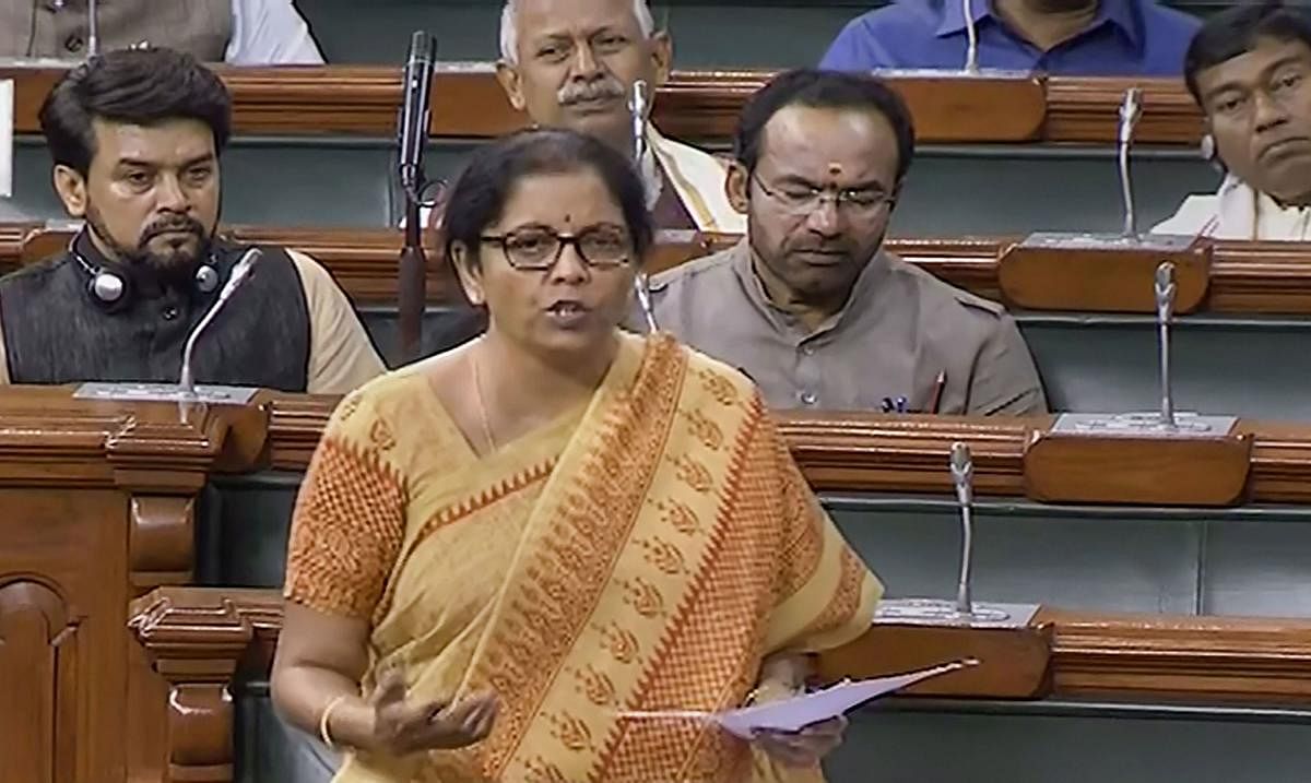 Finance Minister Nirmala Sitharaman speaks in the Lok Sabha during the ongoing Budget Session of Parliament, in New Delhi, Thursday, Aug 1, 2019. (LSTV/PTI Photo)