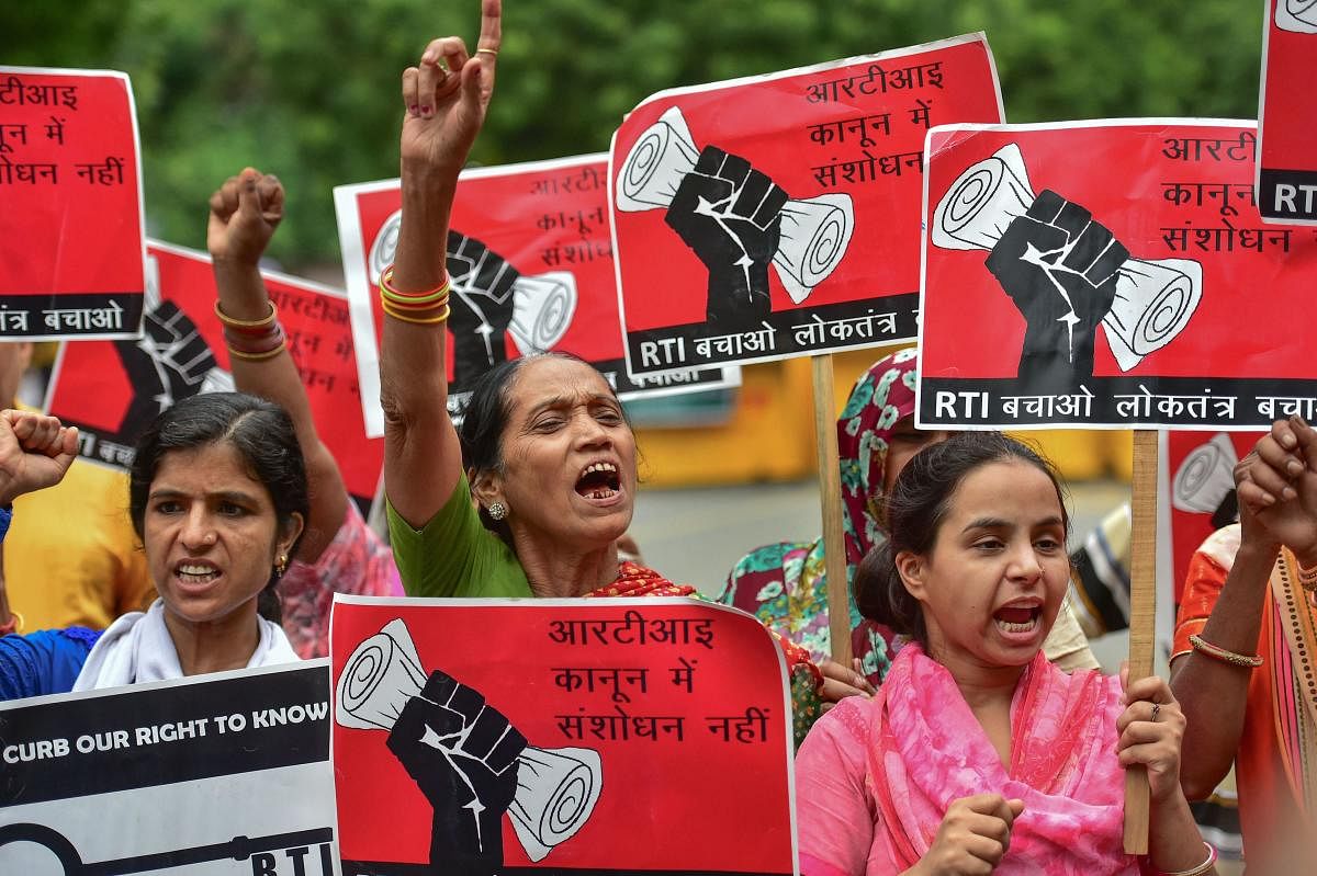 Protestors raised slogans against the amendments to the Right to Information Act proposed by the government, at Jantar Mantar, in New Delhi. (PTI Photo)