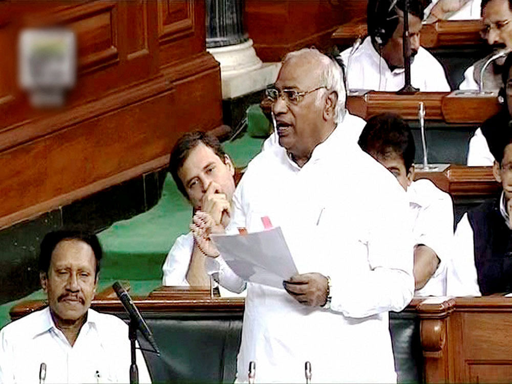 Congress leader Mallikarjun Kharge speaks in the Lok Sabha on the first day of the second part of the Budget Session of Parliament in New Delhi on Thursday. PTI Photo