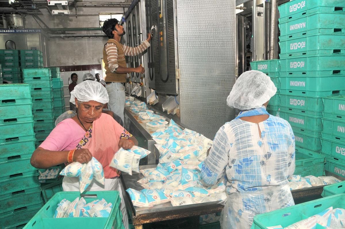 Employees at the milk processing unit in Mysuru. Dh-file photo