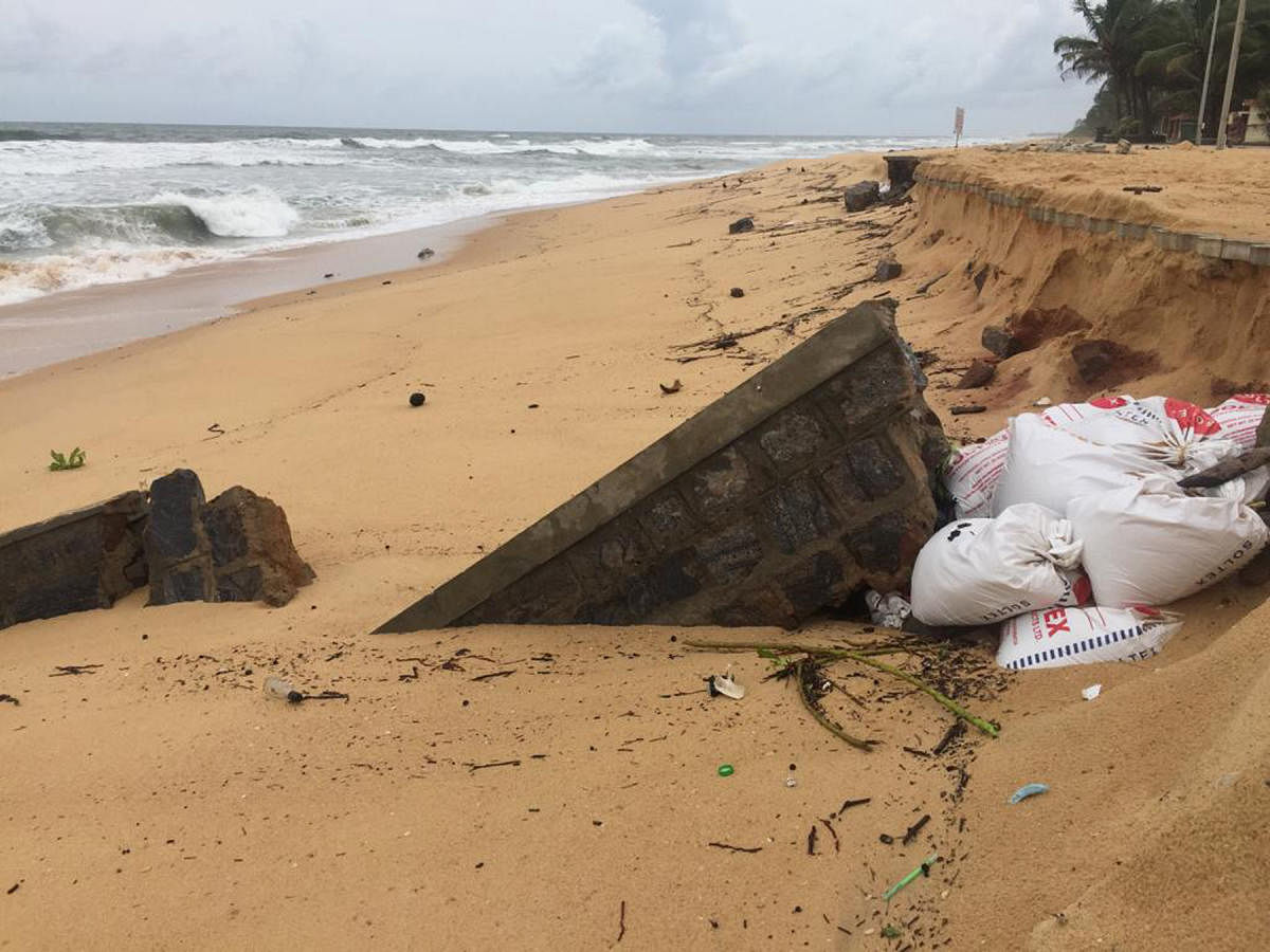 Sea erosion has damaged concrete structure at Nadipatna in Padubidri.