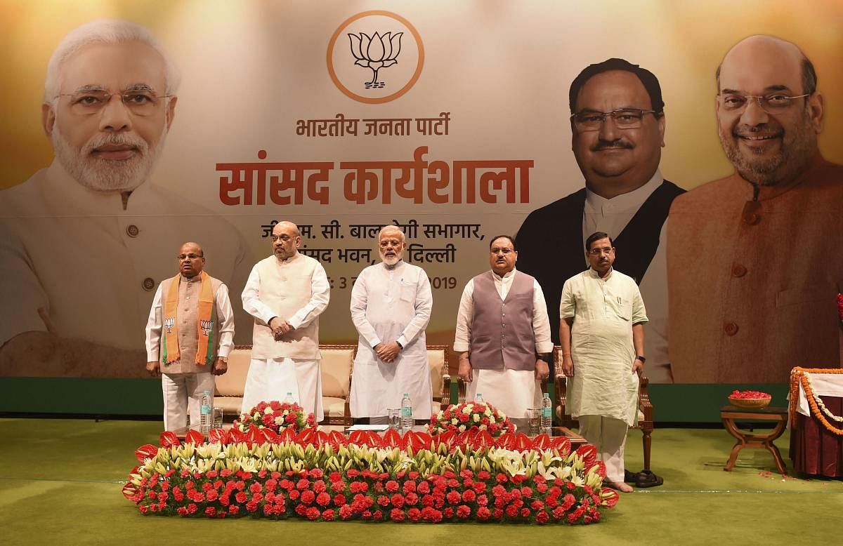 Prime Minister Narendra Modi, Home Minister Amit Shah, BJP Working President JP Nadda, Parliamentary Affairs Minister Pralhad Joshi and Union Minister for Social Justice and Empowerment Thawar Chand Gehlot during the two-day training programme called 'Abh