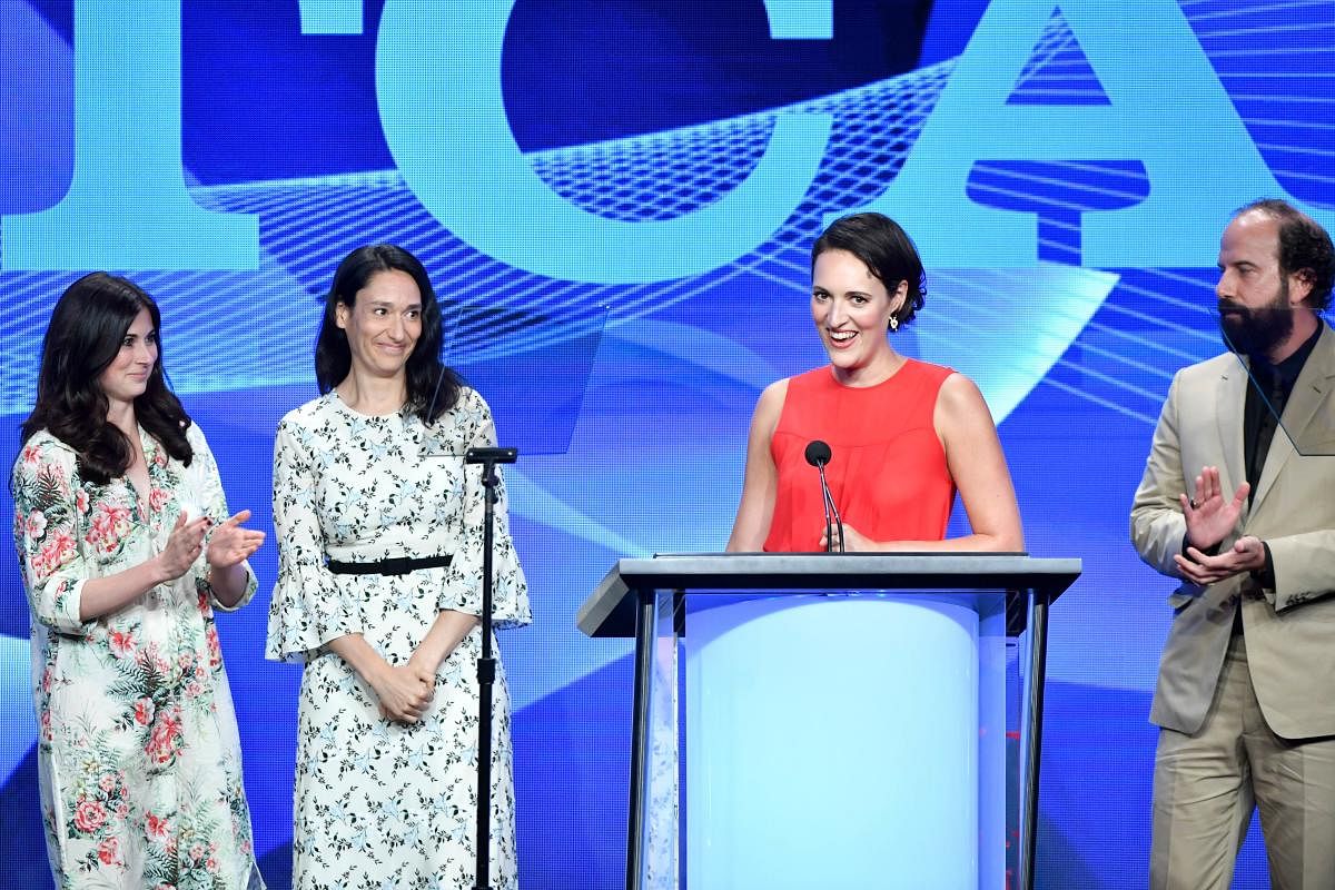 (L-R) Sarah Hammond, Sian Clifford, Phoebe Waller-Bridge and Brett Gelman accept the Outstanding Achievement in Comedy Award for "Fleabag" onstage during the TCA Awards. (AFP Photo)