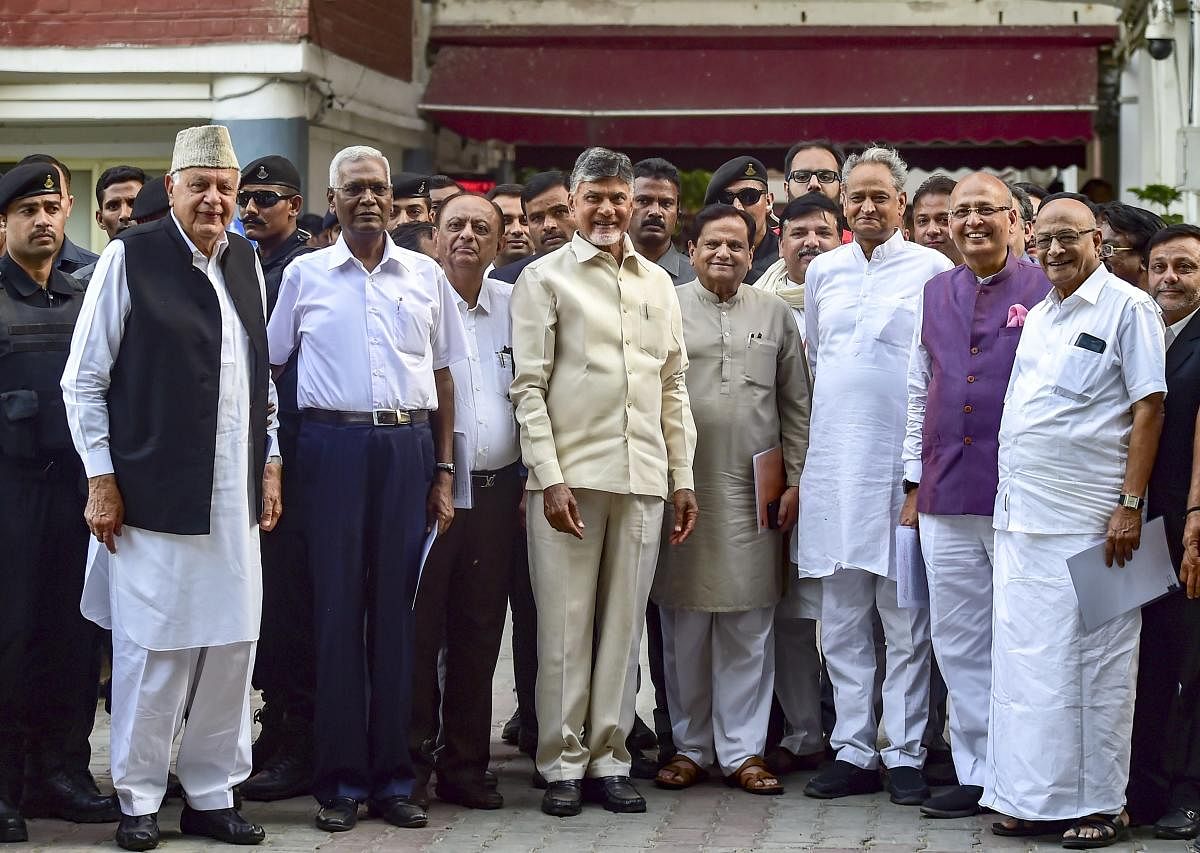 Opposition leaders Abhishek Manu Singhvi, N Chandrababu Naidu, Farooq Abdullah, Sanjay Singh and others after a meeting with the Chief Election Commissioner (CEC), at Nirvachan Bhawan in New Delhi on May 7, 2019. (PTI Photo)