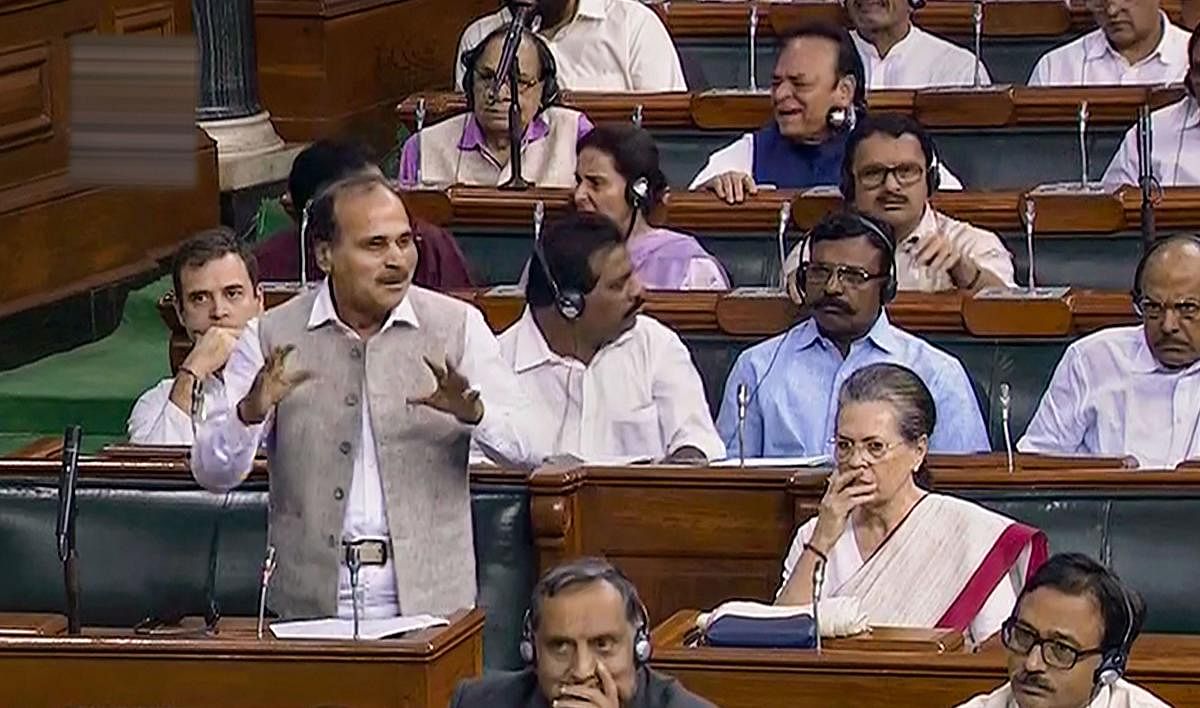Congress MP Adhir Ranjan Chowdhury speaks in the Lok Sabha during the ongoing Budget Session of Parliament, in New Delhi, Tuesday, Aug 6, 2019. LSTV/PTI