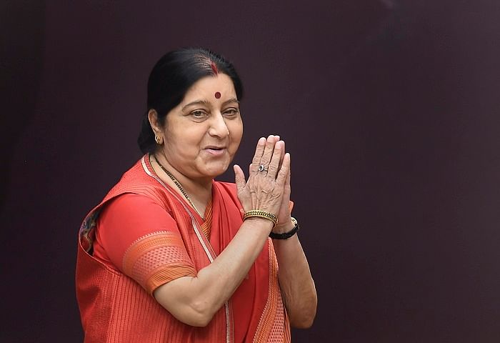 External Affairs Minister Sushma Swaraj greets eminent citizens from the field of art and cinema at a get together 'Celebrities with NaMo' organised in support of Prime Minister Narendra Modi for the Lok Sabha elections 2019, in New Delhi, Sunday, May 5, 2019. (PTI Photo/ Atul Yadav) 