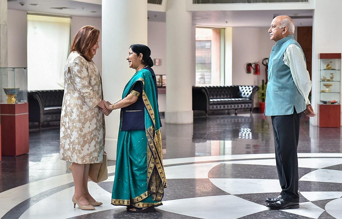 New Delhi: External Affairs Minister Sushma Swaraj greets President-elect of the UN General Assembly Maria Fernanda Espinosa Garces, in New Delhi on Monday, Aug 13, 2018. (MEA Twitter via PTI) (PTI8_13_2018_000179A)