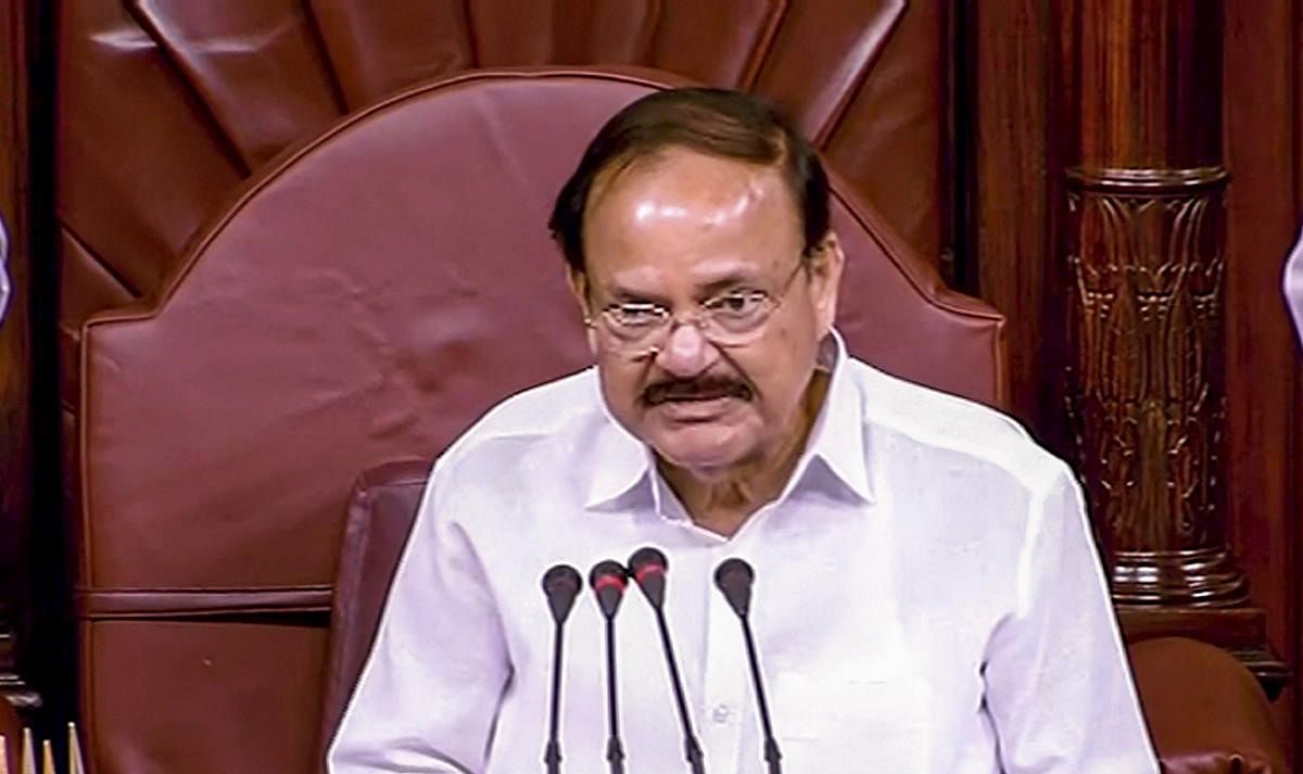 Vice President Venkaiah Naidu conducts the proceedings in the Rajya Sabha during the ongoing Budget Session of Parliament, in New Delhi, Tuesday, July 30, 2019. (RSTV/PTI Photo)