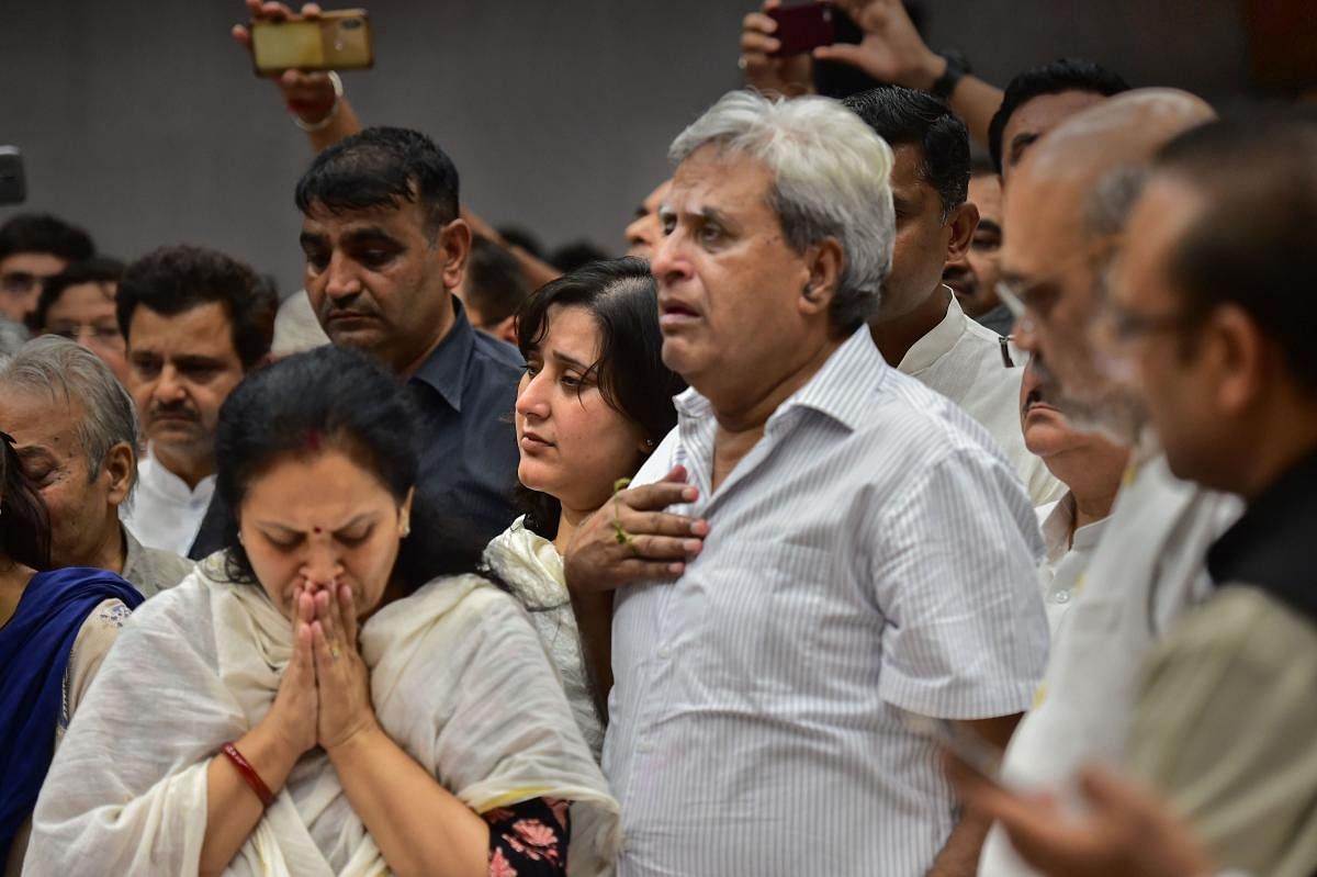 The mortal remains of former external affairs minister Sushma Swaraj were consigned to flames on Wednesday at the Lodhi Road crematorium here. (PTI Photo)