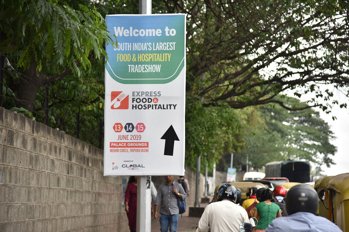 The advertisement sign board headed once again after High court banned Advertisements, Banners and Buntings in city, near Mekhri circle in Bengaluru on Friday, 14 June, 2019. Photo by Janardhan B K