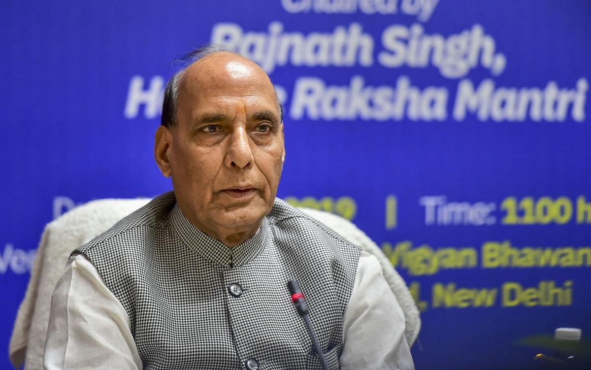 Defence Minister Rajnath Singh during the 'Make in India in Defence' meeting at Vigyan Bhavan in New Delhi. PTI Photo
