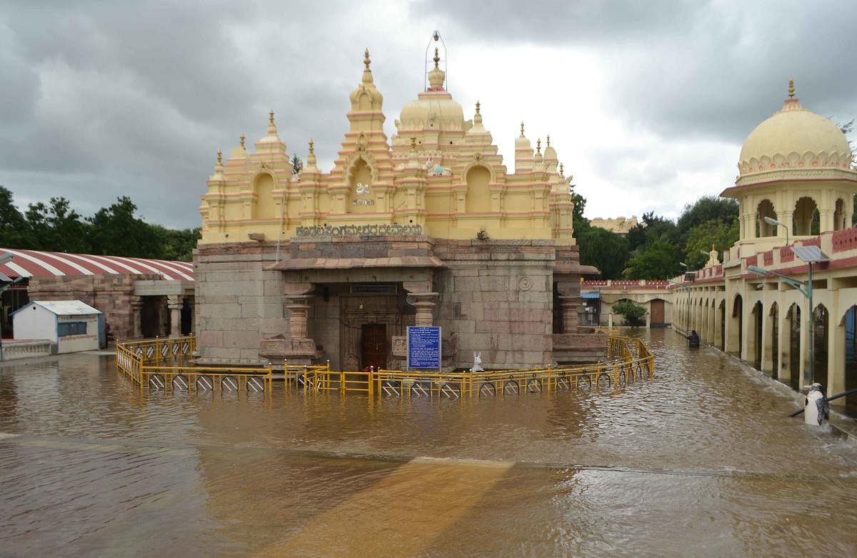 Sangamanatha temple in Kudalasangama of Bagalkot district is marooned following heavy rain on Friday.
