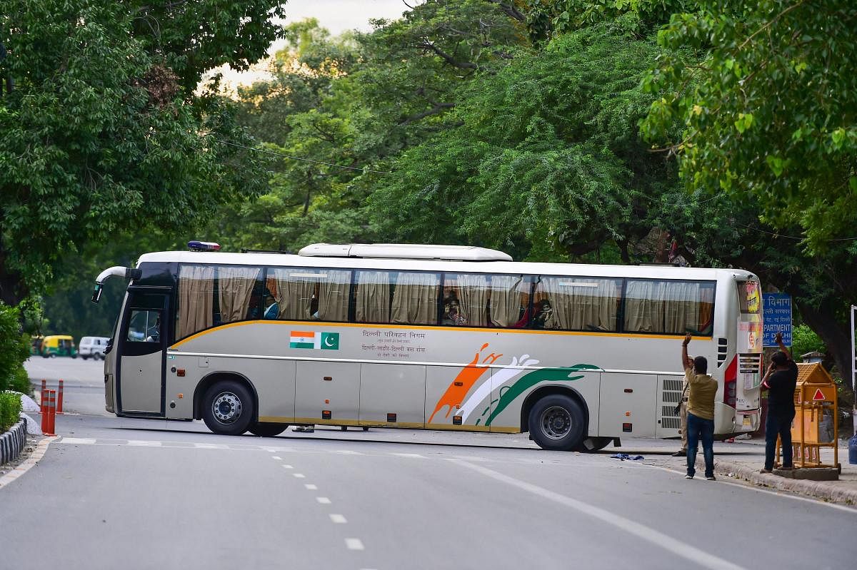 The Delhi-Lahore bus, also known as Sada-e-Sarhad, leaves for Lahore from Ambedkar terminal in New Delhi. (PTI Photo)