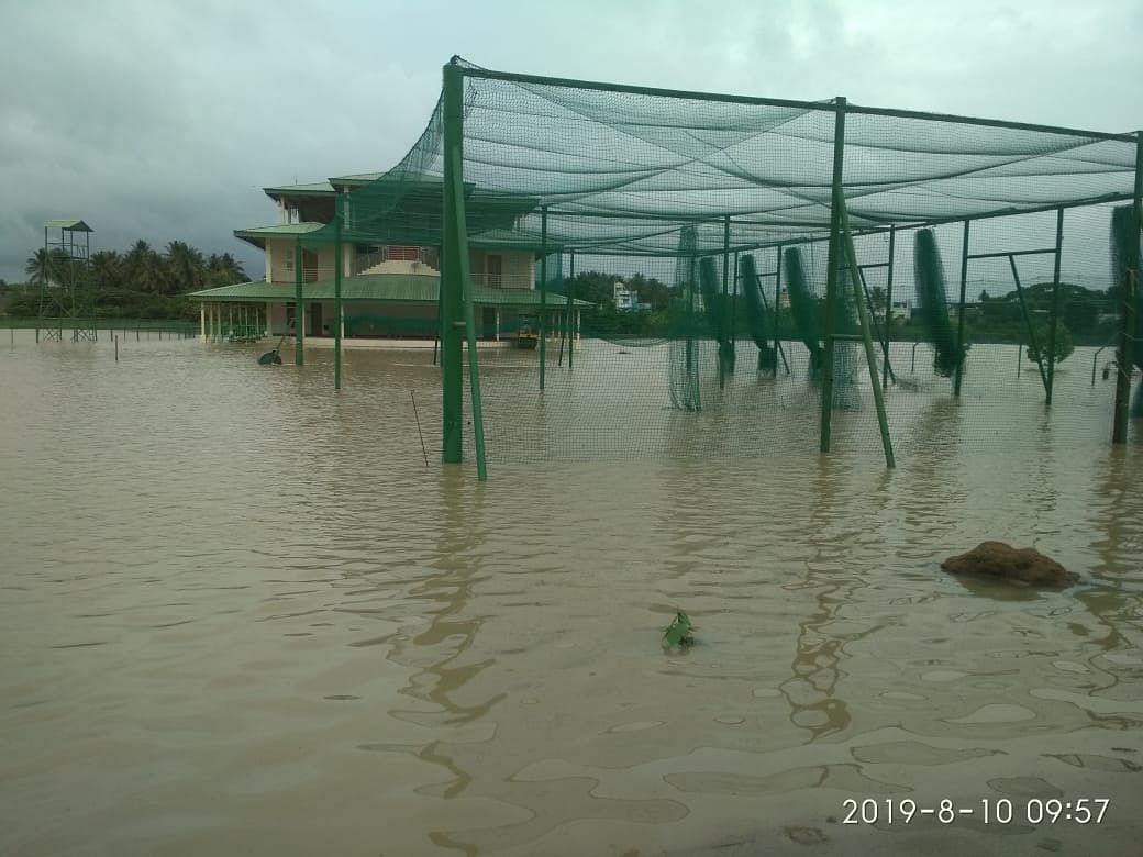 The entire KSCA stadium on Savalanga road in the city is inundated due to the copious rains.