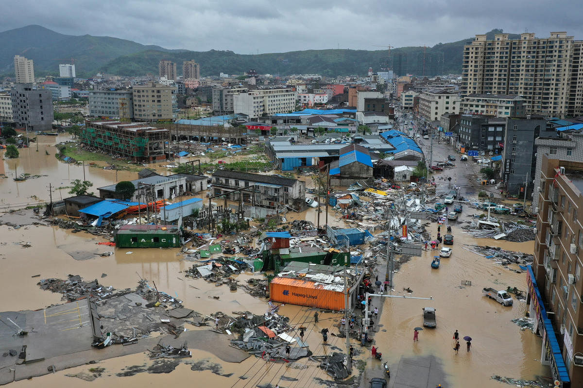 Dajing town is seen damaged and partially submerged in floodwaters in the aftermath of Typhoon Lekima in Leqing, Zhejiang province, China. (Reuters Photo)