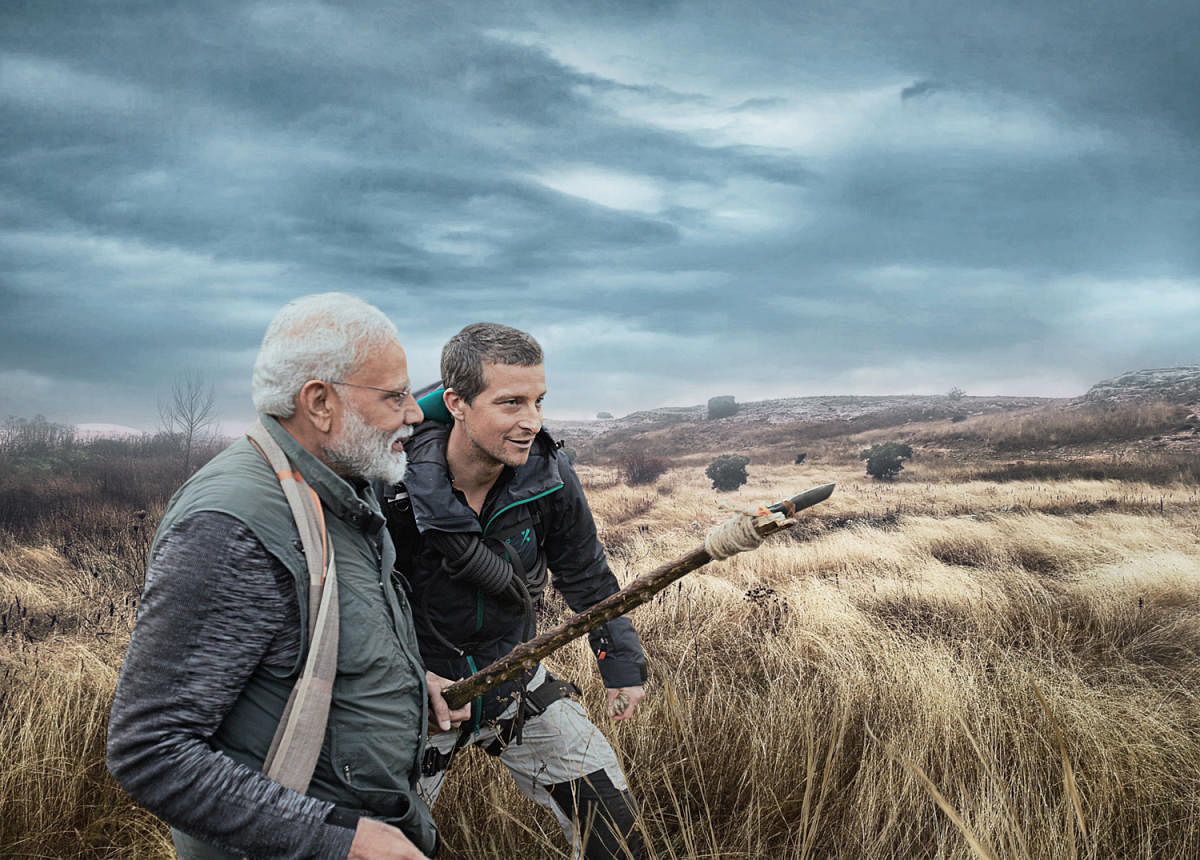 Prime Minister Narendra Modi with world-renowned survivalist and adventurer Bear Grylls in the upcoming Discovery Channel special episode "Man Vs Wild" set for screening on August 12. 