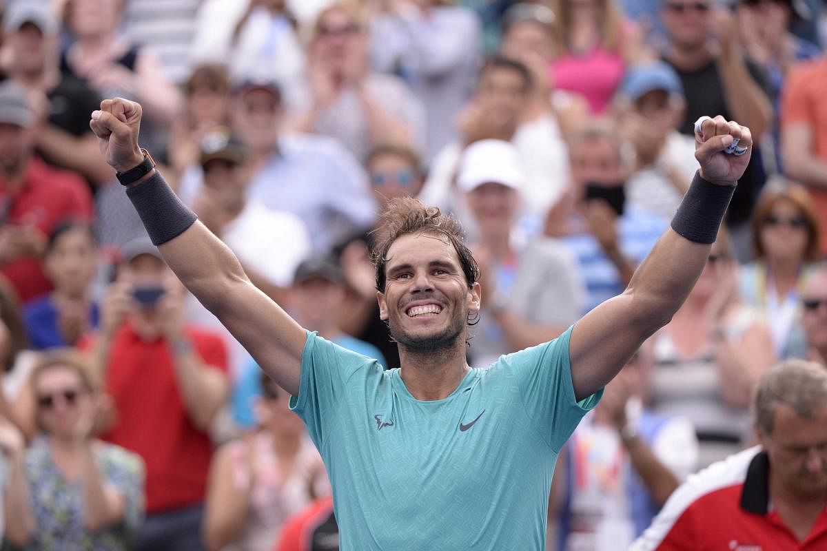 Montreal: Spain's Rafael Nadal celebrates his win over Russia's Daniil Medvedev in the final of the Rogers Cup tennis tournament in Montreal, Sunday, Aug. 11, 2019. Photo AP/PTI