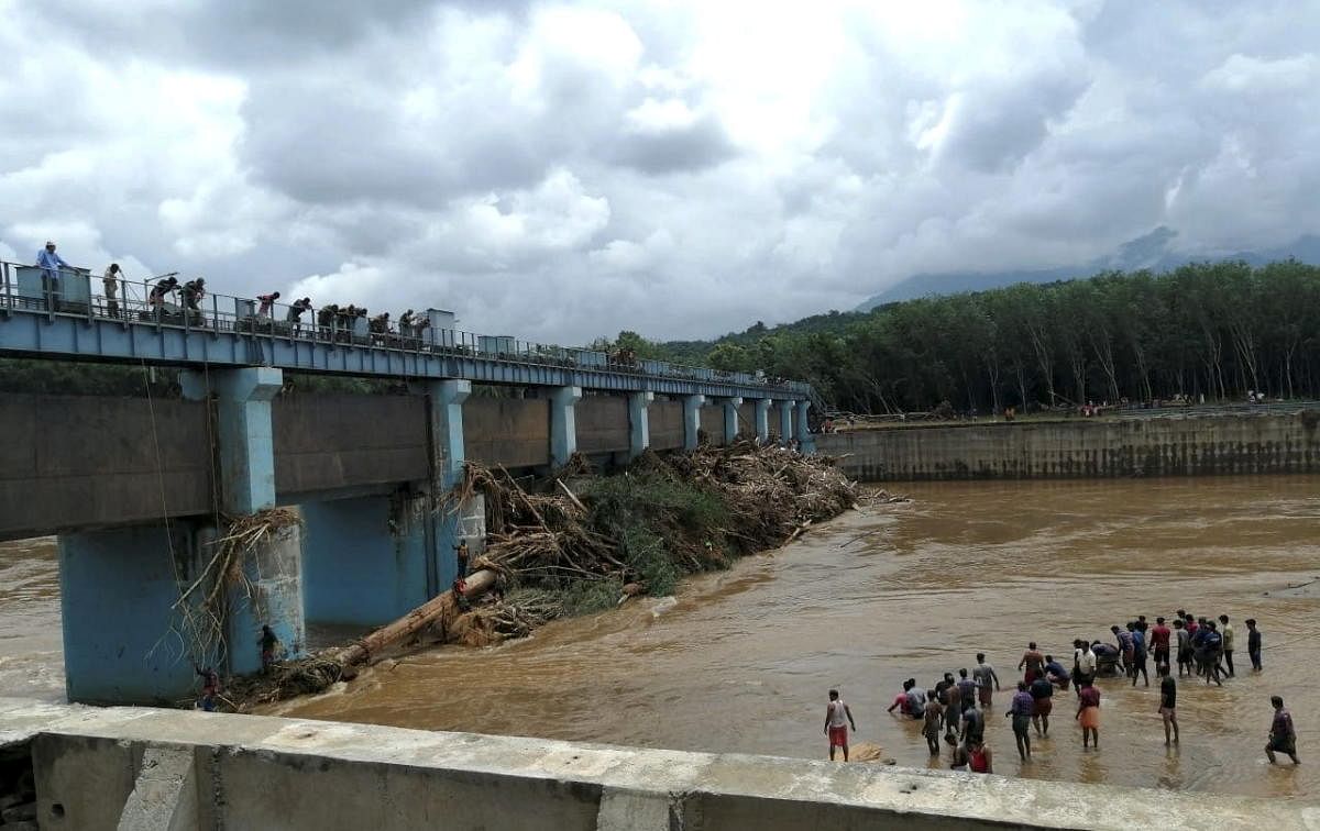 Wooden logs float on the Chaliyar river as remnants of the flash flood, in Malappuram district, Monday, Aug 12, 2019. (PTI Photo)