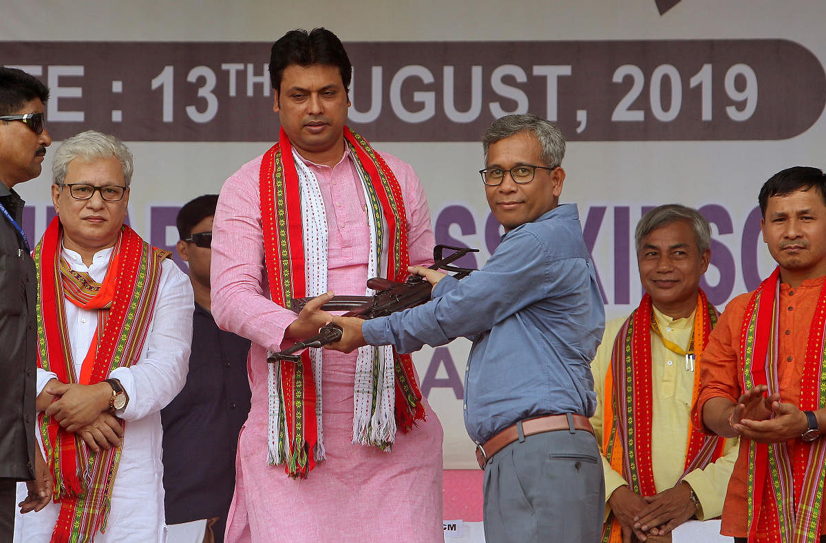 The group led by its leader Sabir Kumar Debabarma deposited their weapons before Chief Minister Biplab Kumar Deb at a function held at Ambassa in Dhalai district.