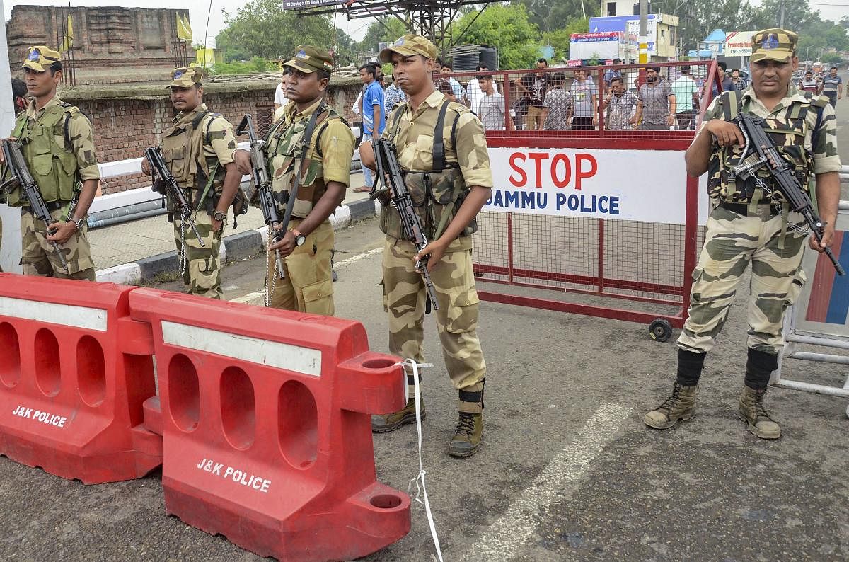 Jammu: Security personnel guard at Bikram Chowk ahead of the 73rd Independence Day, in Jammu, Tuesday, Aug 13, 2019. (PTI Photo) (PTI8_13_2019_000129A)