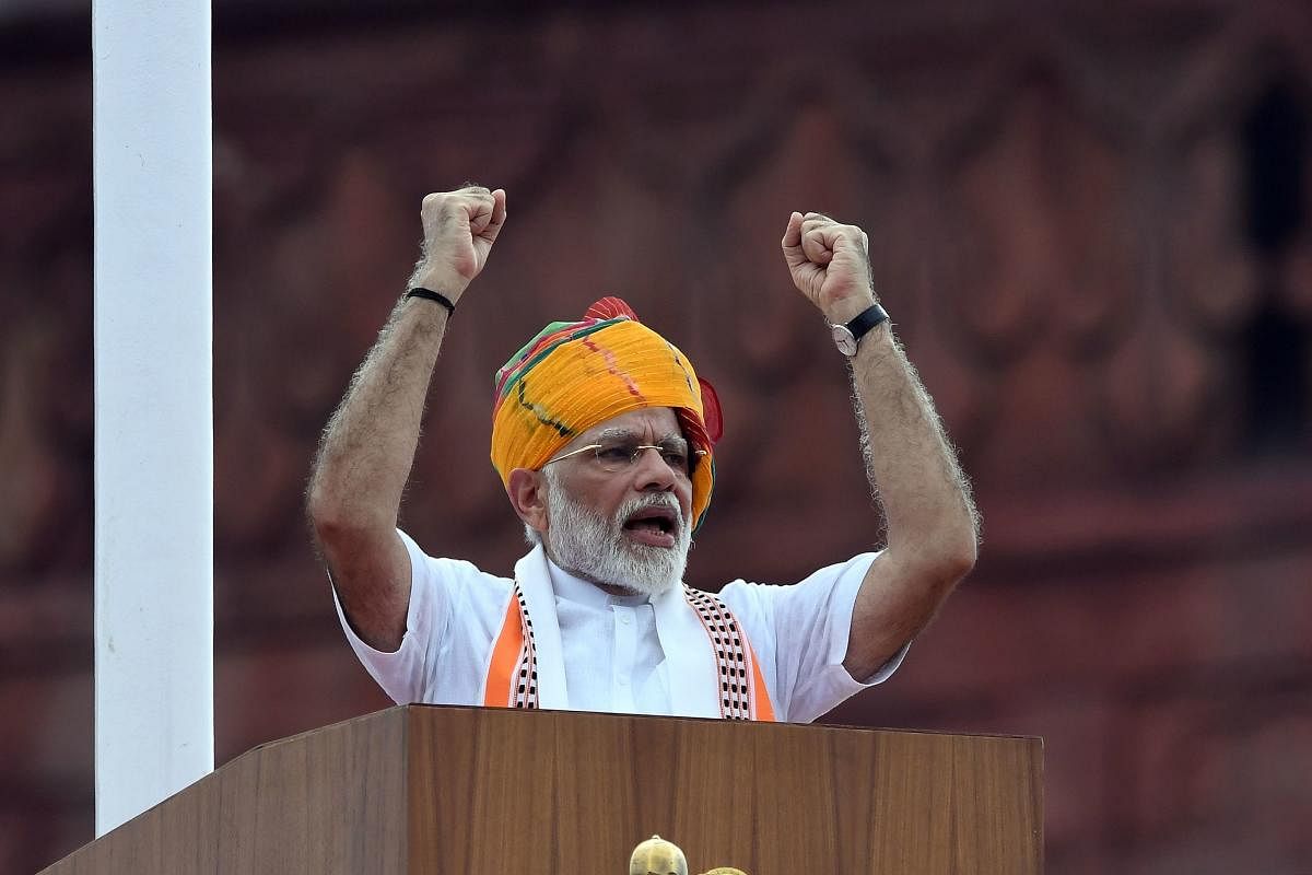 Prime Minister Narendra Modi delivers a speech to the nation during a ceremony to celebrate country's 73rd Independence Day, which marks the of the end of British colonial rule, at the Red Fort in New Delhi.  AFP photo