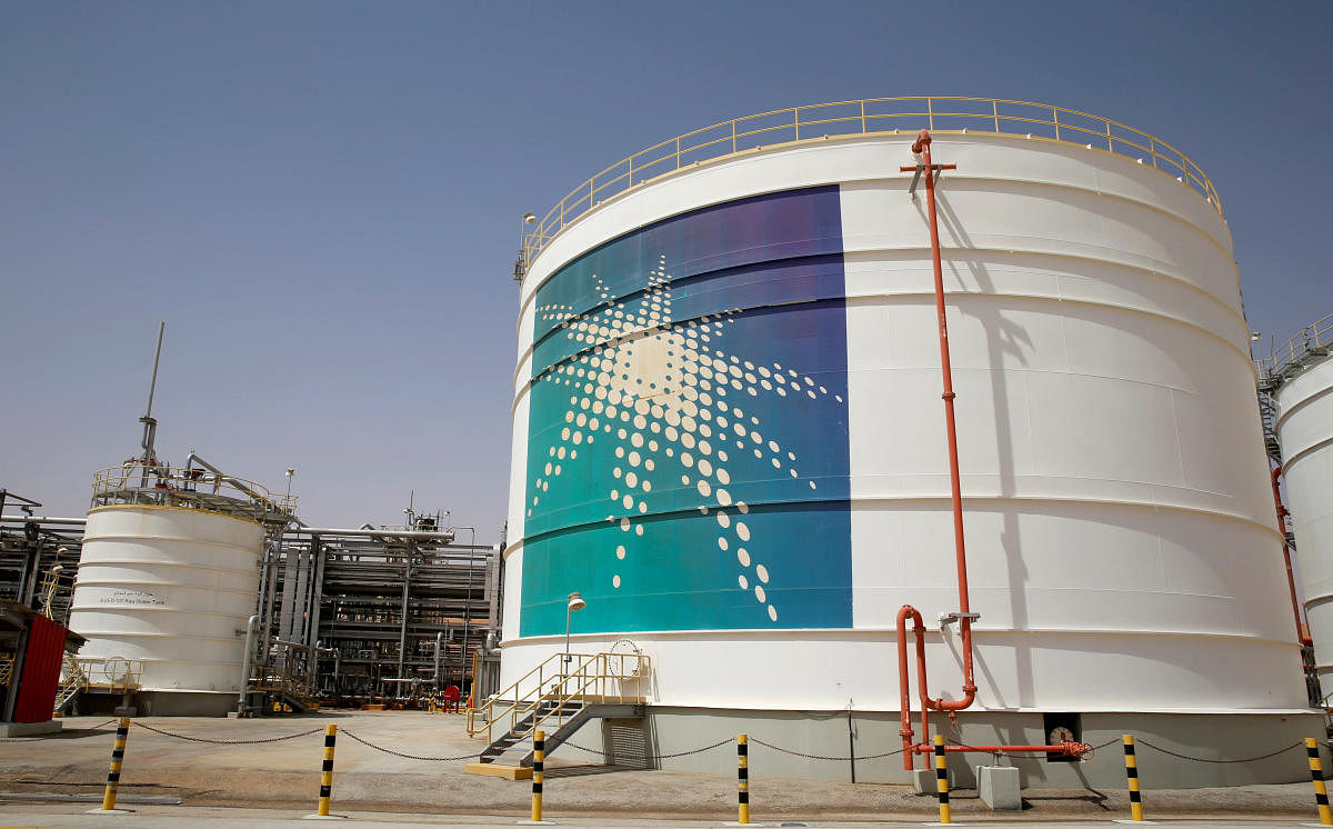An Aramco oil tank is seen at the Production facility at Saudi Aramco's Shaybah oilfield in the Empty Quarter, Saudi Arabia. REUTERS File Photo