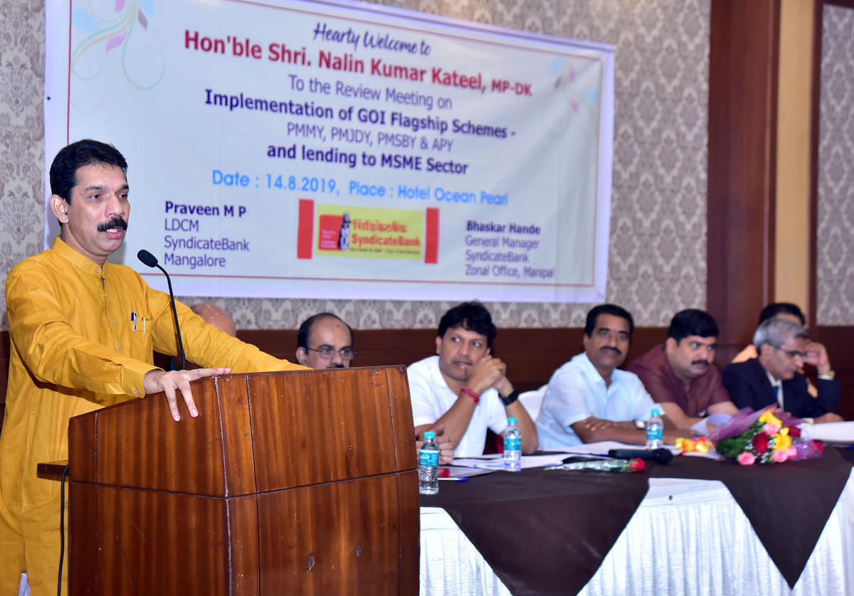 Dakshina Kannada MP Nalin Kumar Kateel addressing bankers at the review meeting, organised by Lead Syndicate Bank at Ocean Pearl hotel on Wednesday.