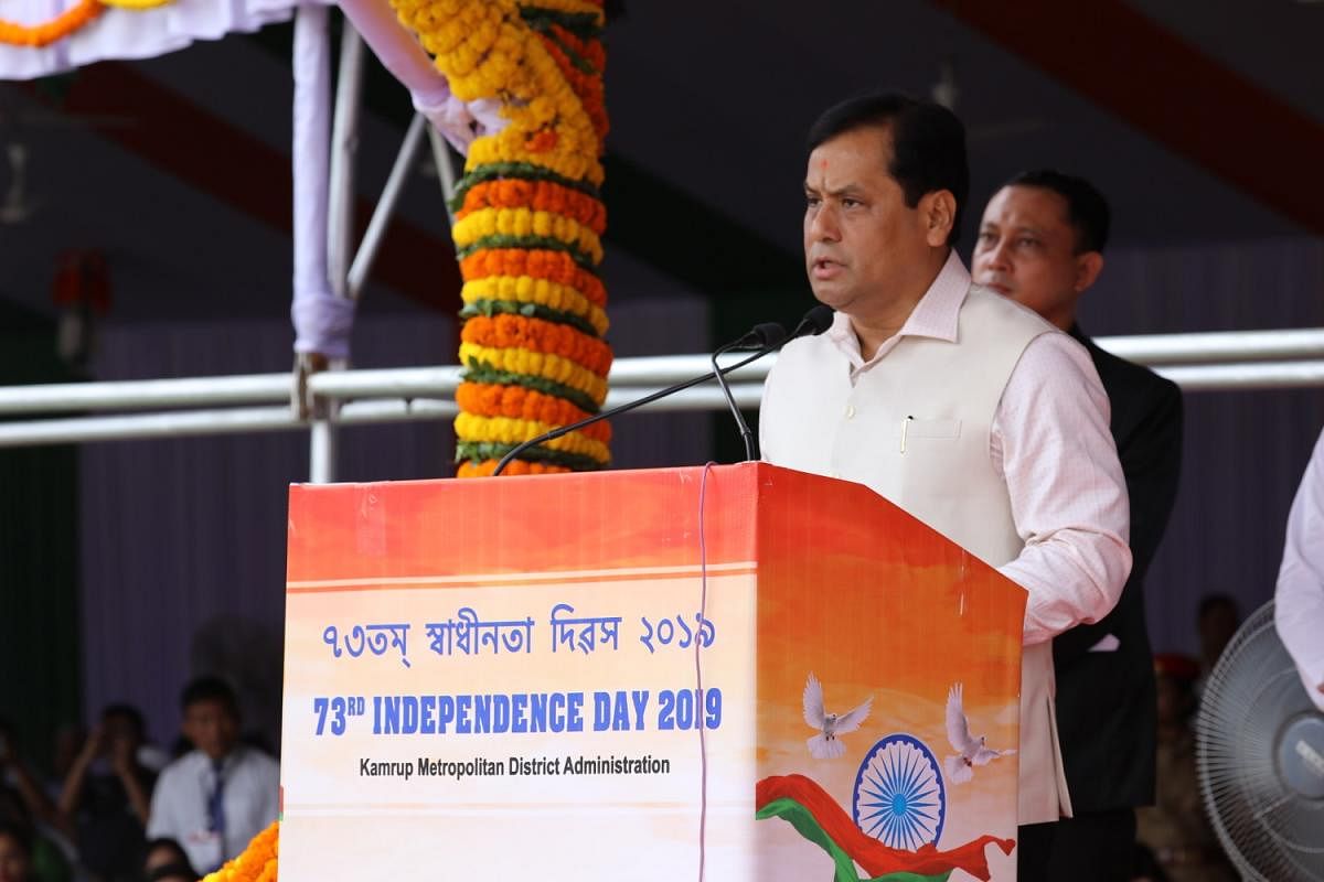 Assam chief minister Sarbananda Sonowal addressing the state on Independence Day celebrations on Thursday. (Photo credit: Assam government)
