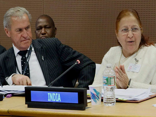 Lok Sabha Speaker Sumitra Mahajan attending Inter Parliamentary Union meeting at the UN in New York on Monday. PTI Photo